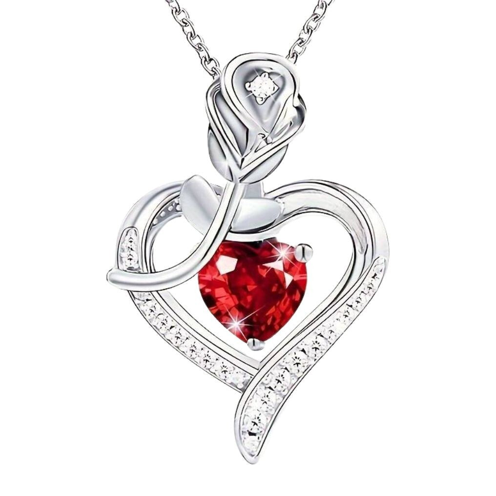 925 Silver Plated Elegant Rose Zircon Heart Hollow Ruby Pendant Necklace 22 UK