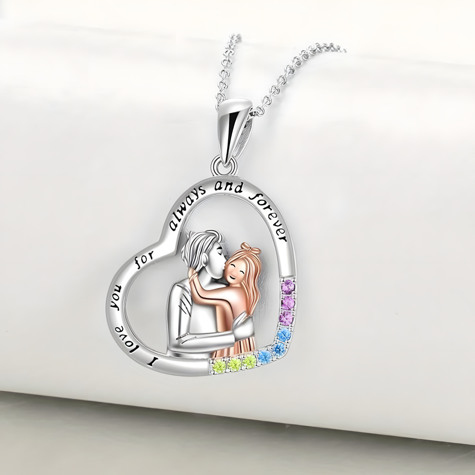 "Always & Forever"Heart Couple Necklace Silver Tone Colorful Crystal Pendant B12