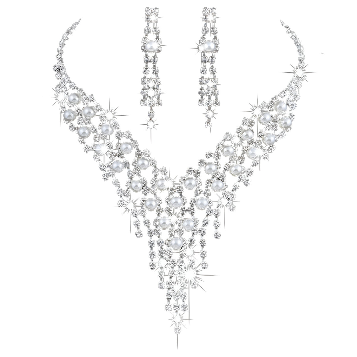 Bridal Jewelry Set-Pearl and Crystal Necklace & Dangle Earrings, Wedding 395