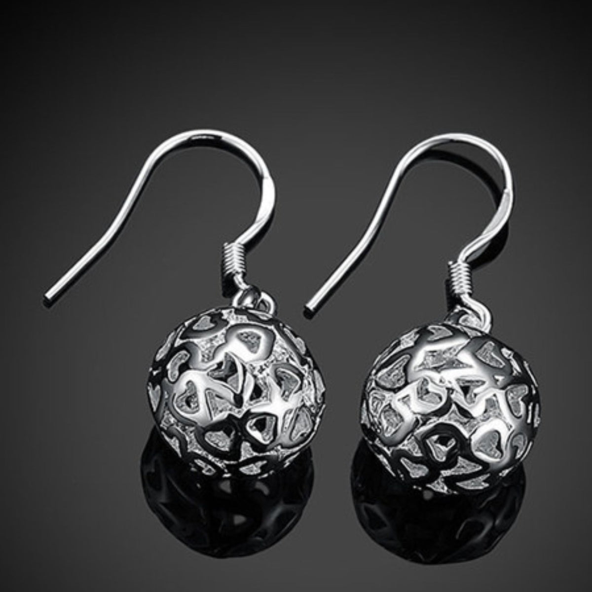 925 Sterling Silver Textured Ball Drop Earrings - Hollowed Out Sphere Dangle 357