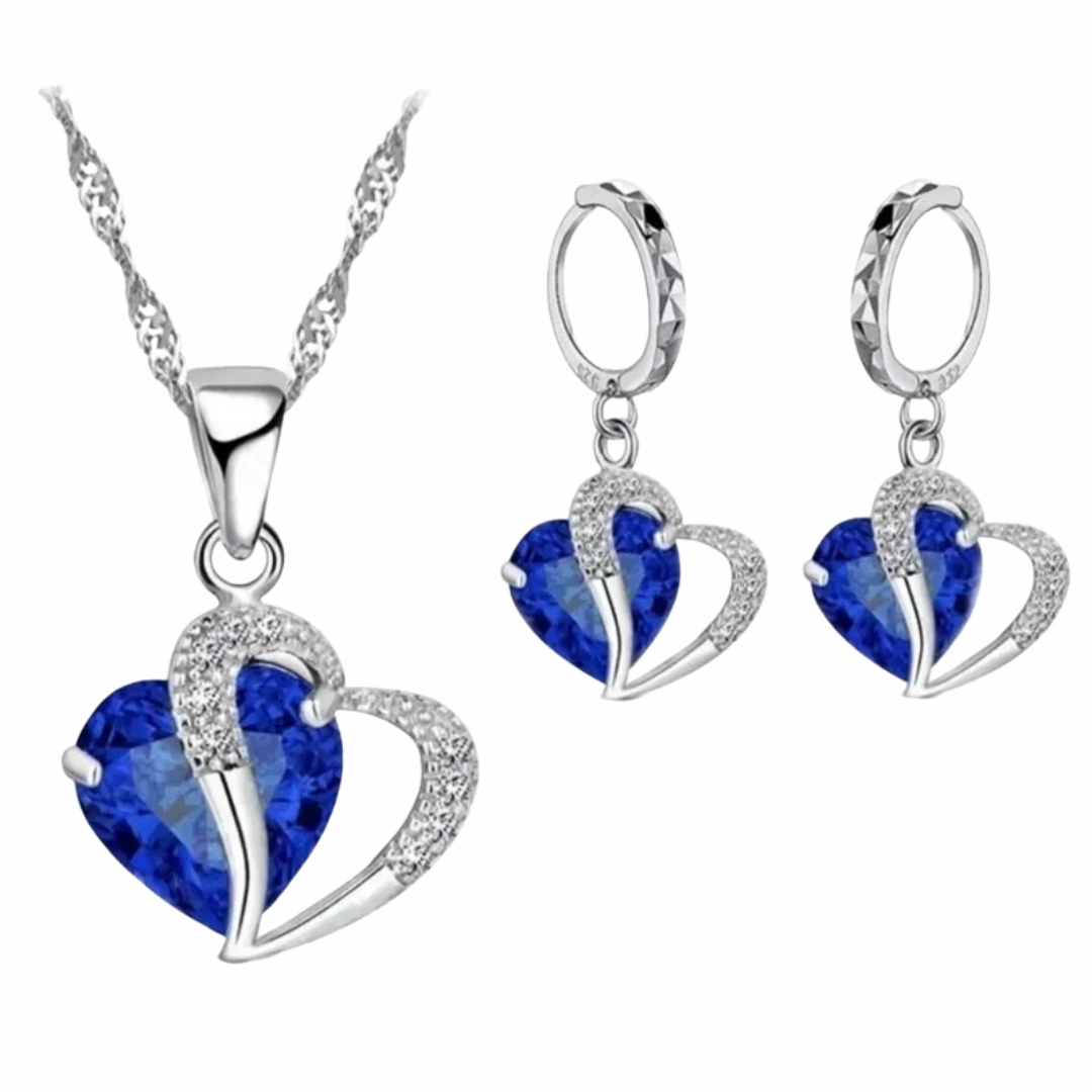 Royal Blue Heart Crystal Necklace and Earrings Set for Women,Sapphire Color 1301