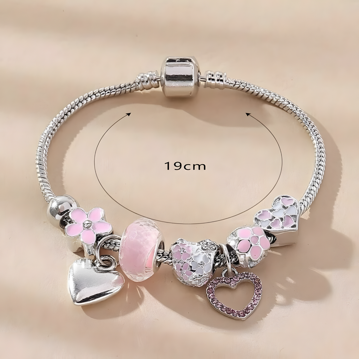 Obega Love Heart Flower Glass Pendant Charm Bracelet Classic Pink White B186