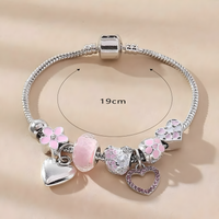 Obega Love Heart Flower Glass Pendant Charm Bracelet Classic Pink White B186
