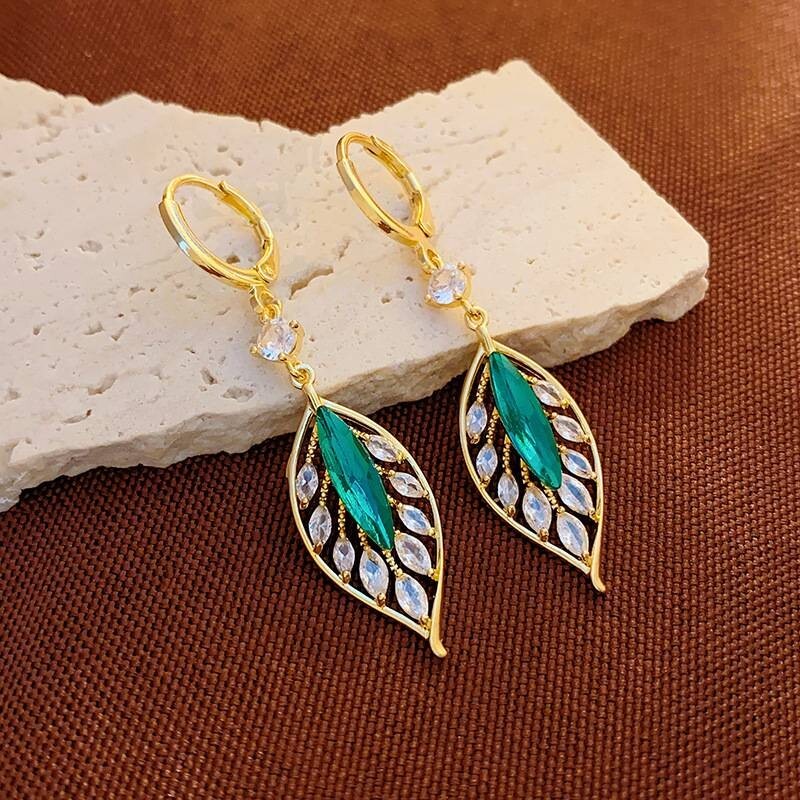 Leaf Crystal Drop Earrings, 14K Gold Plated with Sparkling Zirconia, Elegant 112
