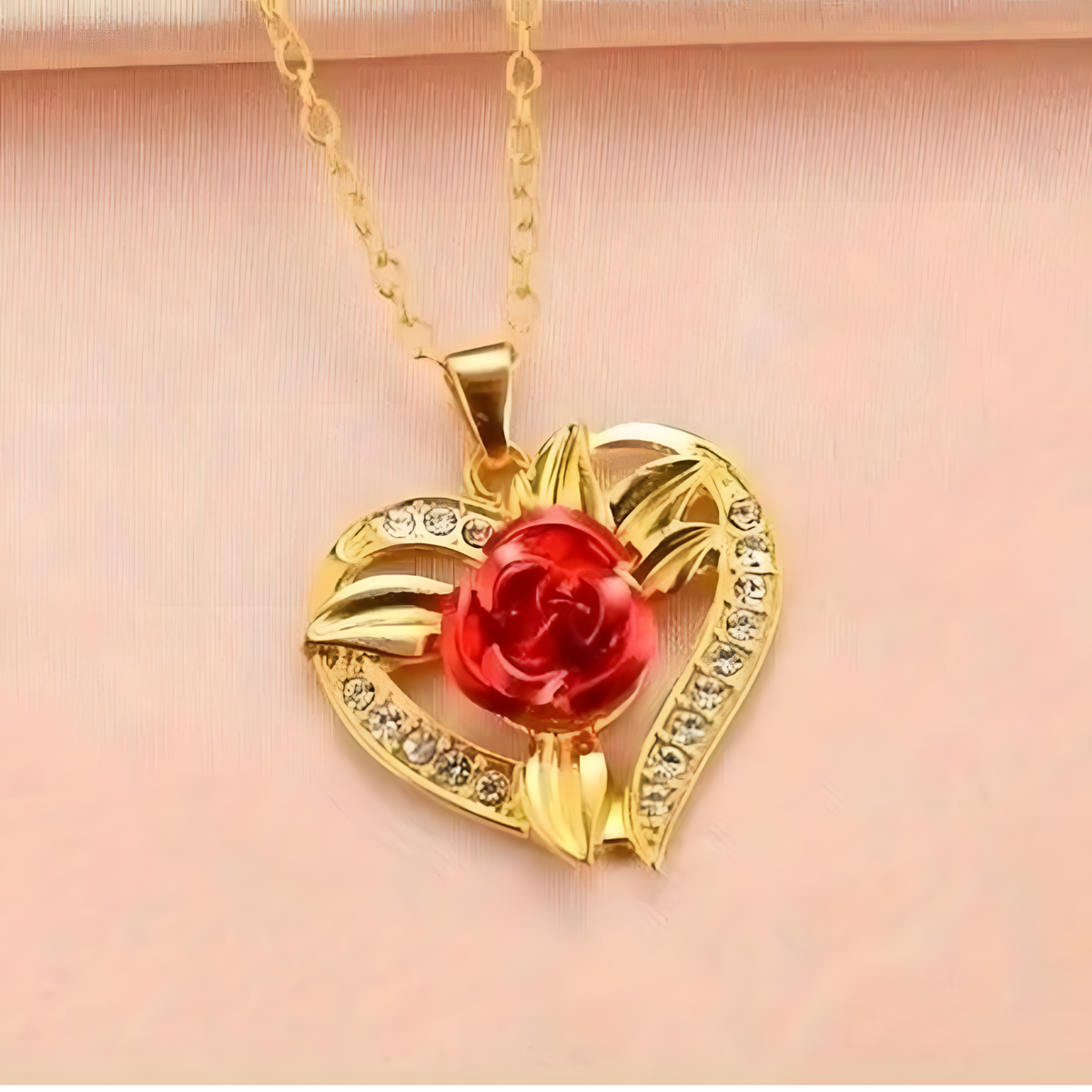 Gold Heart Red Rose Crystal Necklace | Romantic Floral Pendant Gift for Her B13