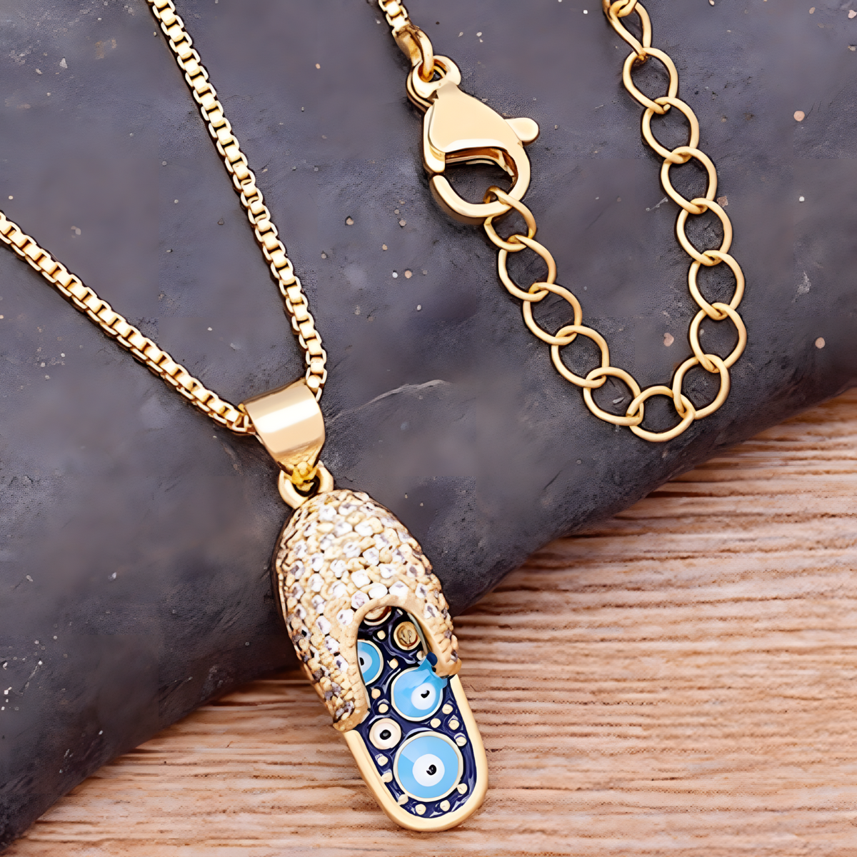 Enamel Slipper Pendant Necklace with Blue Evil Eye Design, Boho Gold-Tone B160
