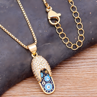 Enamel Slipper Pendant Necklace with Blue Evil Eye Design, Boho Gold-Tone B160