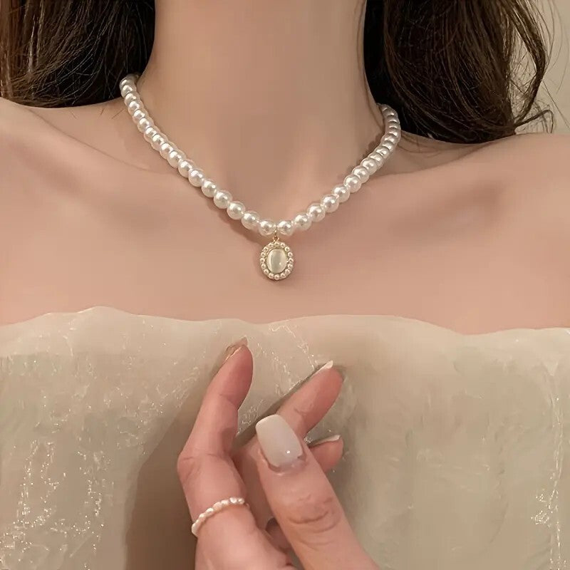 French Style Freshwater Pearl Necklace Opal Pendant Collarbone Chain 83 UK