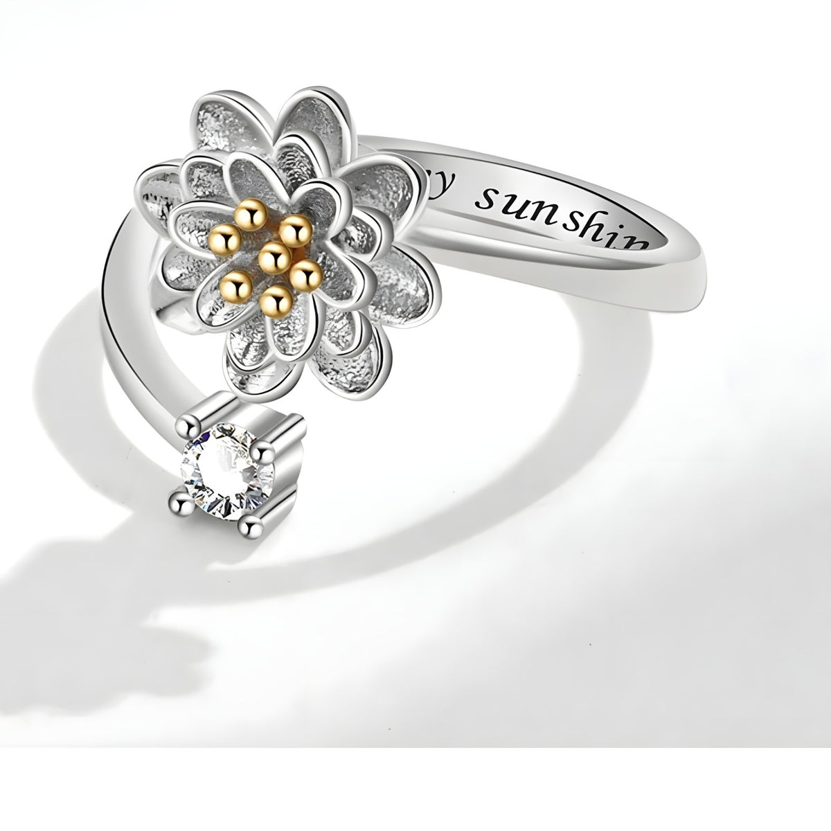 925 Sterling Silver Flower Spinner Ring - Adjustable Anxiety Ring Rotatable 394