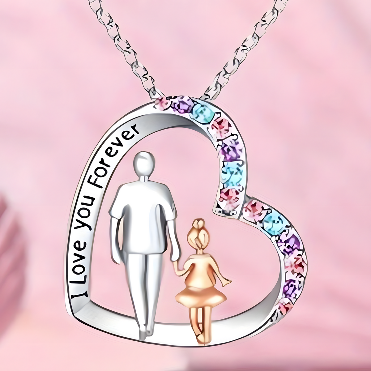"I Love You Forever" Father Daughter Heart Necklace Pendant Cubic Zirconia B56
