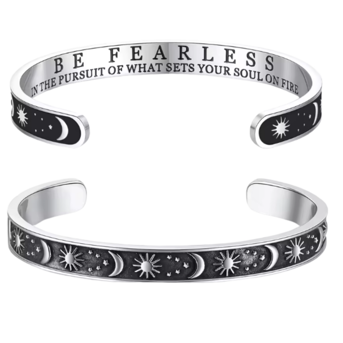 Stainless Steel Cuff Bracelet | Titanium Plated Silver Tone Bangle Moon Sun 614