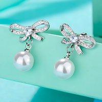 925 Sterling Silver Crystal Bow Pearl Drop Earings Dangle Earrings, Elegant 324