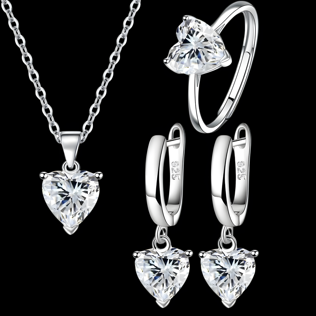 Sterling 925 Silver Heart White Crystal Necklace Earrings Ring Set Her Gift B34