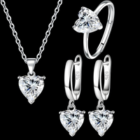Sterling 925 Silver Heart White Crystal Necklace Earrings Ring Set Her Gift B34