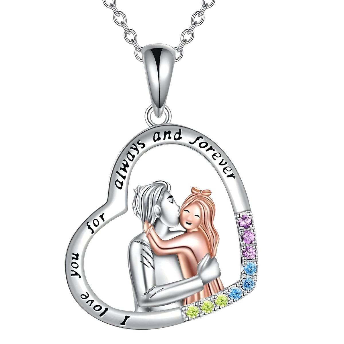 "Always & Forever"Heart Couple Necklace Silver Tone Colorful Crystal Pendant B12