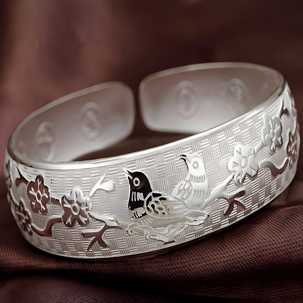 Bird Flower Open Cuff Bangle For Women - Wide Engraved Floral Bracelet  1788