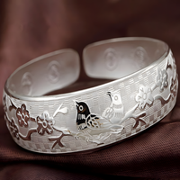 Bird Flower Open Cuff Bangle For Women - Wide Engraved Floral Bracelet  1788