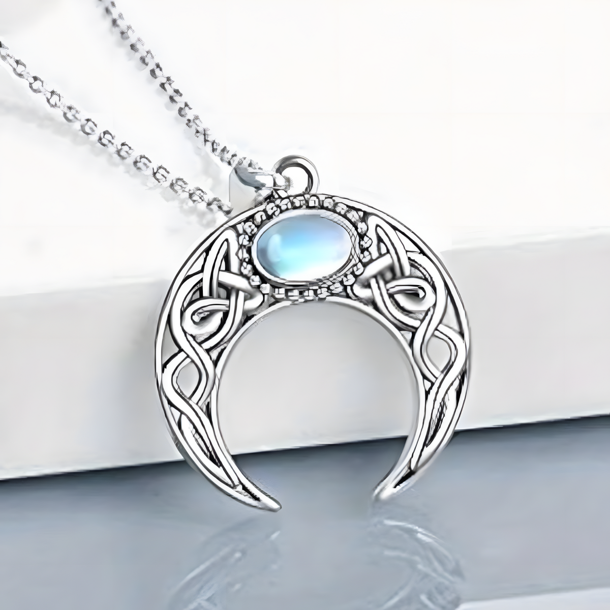 Celtic Crescent Moon Necklace for Women – Zinc Alloy Moon Pendant Blue Opal 1105