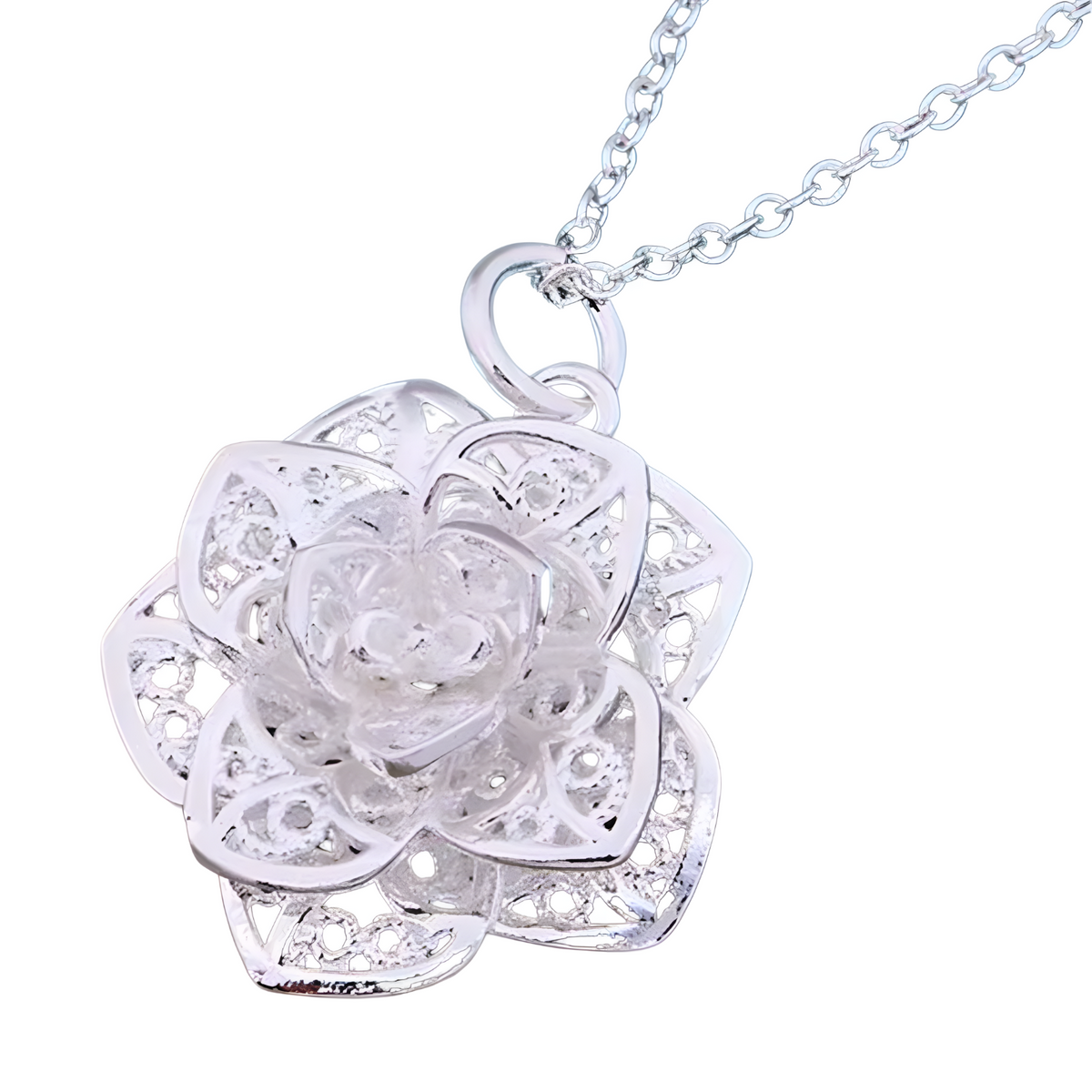 925 Sterling Silver Delicate Rose Flower Pendant Necklace Elegant Openwork 451