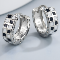 925 Silver-Plated Alloy Hoop Earrings for Women Black and White Enamel Star 1018