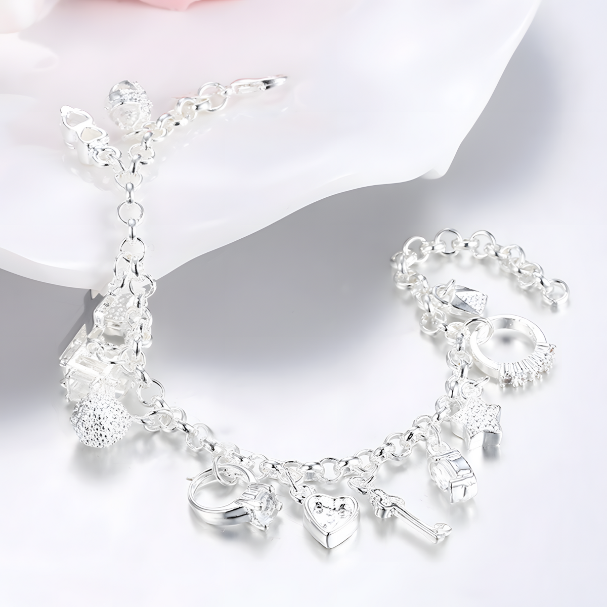 Charm Bracelet For Women With Heart Crown Cross Ring Star Round Link Chain 1762