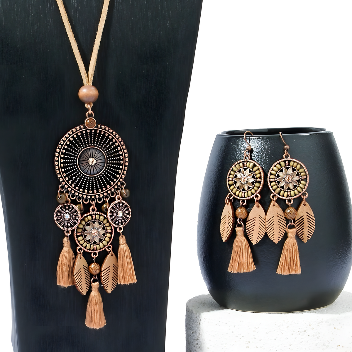 Boho Tassel Jewellery Set For Women Brown Flower Medallion Pendant Necklace 1711