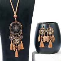 Boho Tassel Jewellery Set For Women Brown Flower Medallion Pendant Necklace 1711