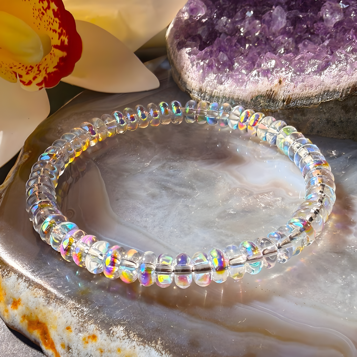 Iridescent Opal Bead Stretch Bracelet, Rainbow Flash Crystal Look, Trendy 1726