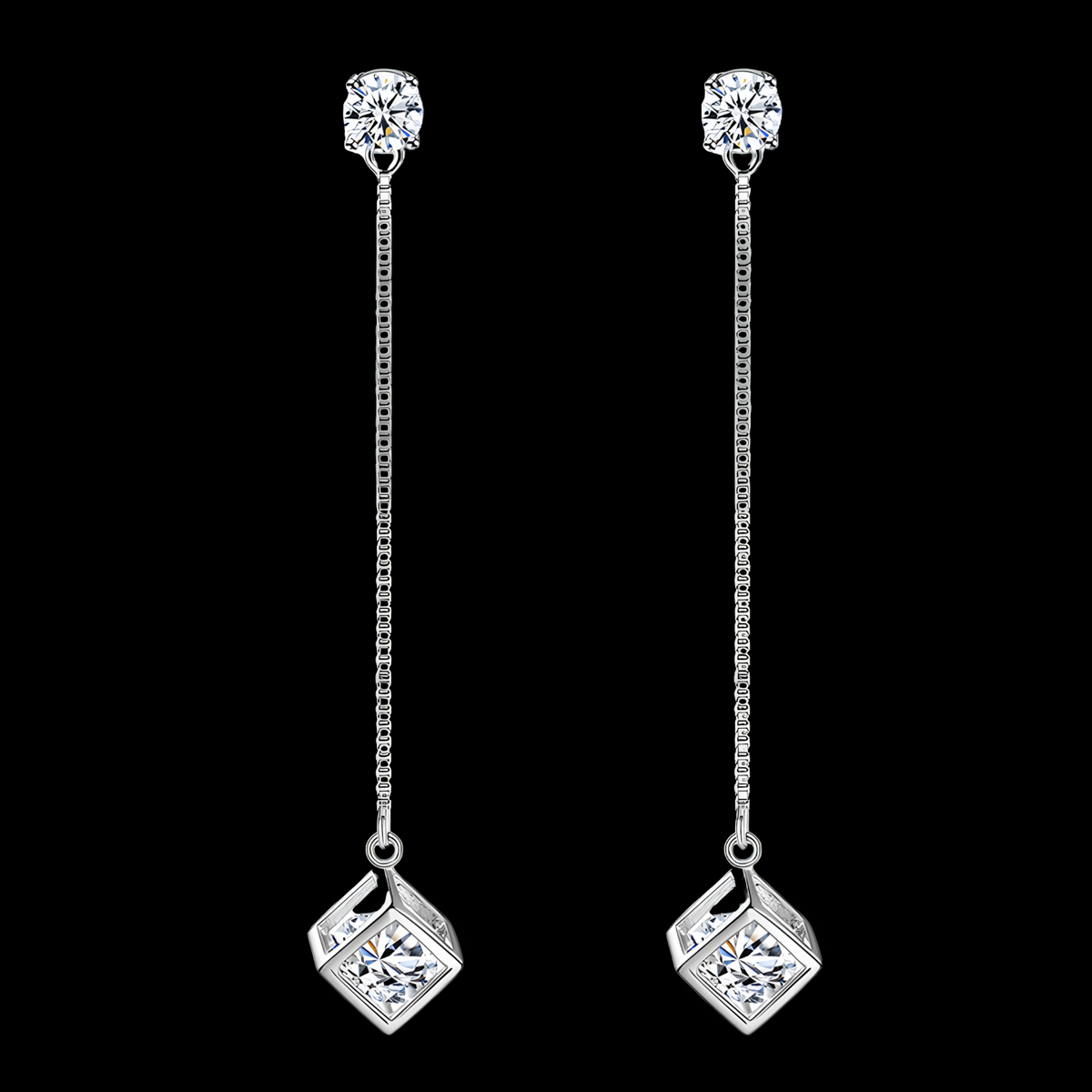 925 Silver-Plated Long Drop Earrings for Women Sparkling Cubic Zirconia Cube 986