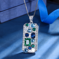 Silver Box Chain Pendant Necklace Women – Blue & Green Cubic Zirconia Rectan 668