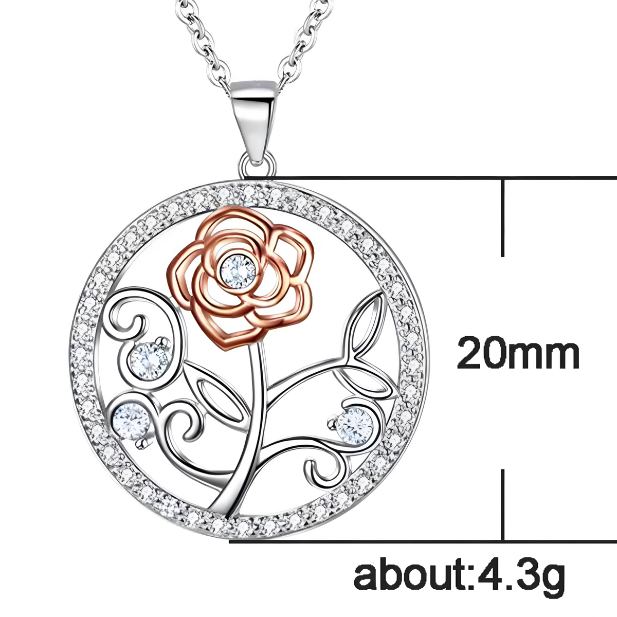 Elegant Rose Flower Diamond Pendant Necklace - Silver Tone Rose Gold Accent B84