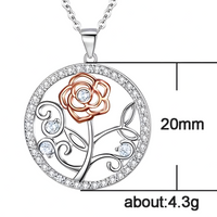 Elegant Rose Flower Diamond Pendant Necklace - Silver Tone Rose Gold Accent B84