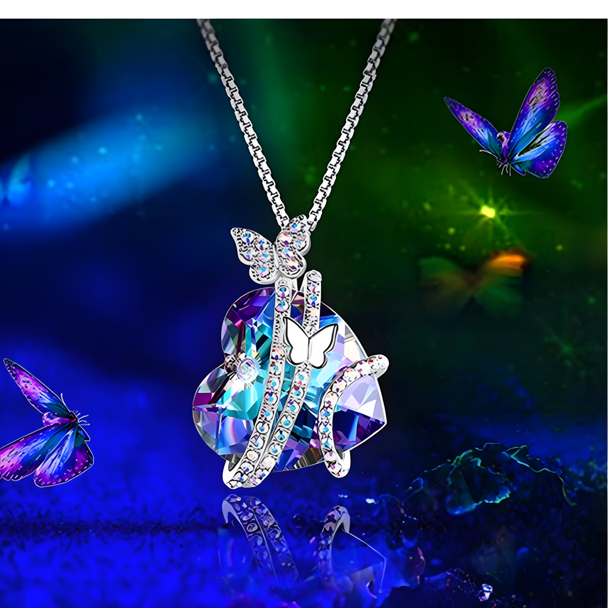 Butterfly Heart Necklace for Women Zinc Alloy Silver Colour Pavé Butterfly 1175