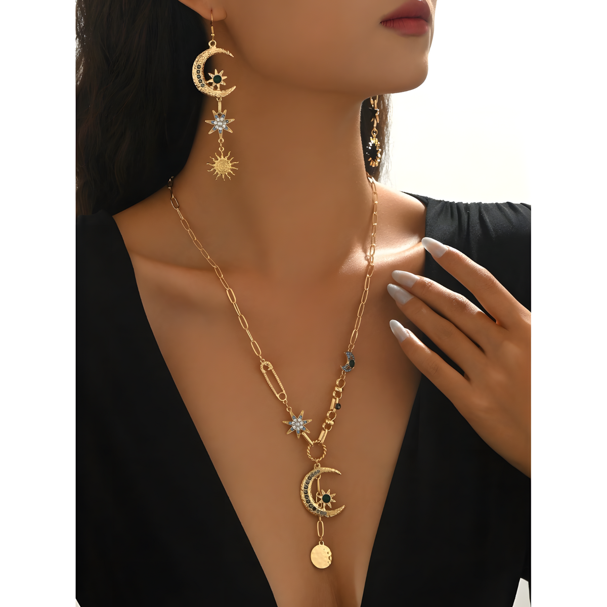 Gold Tone Celestial Moon Star Sun Necklace and Drop Earrings Set, Crescent 1722
