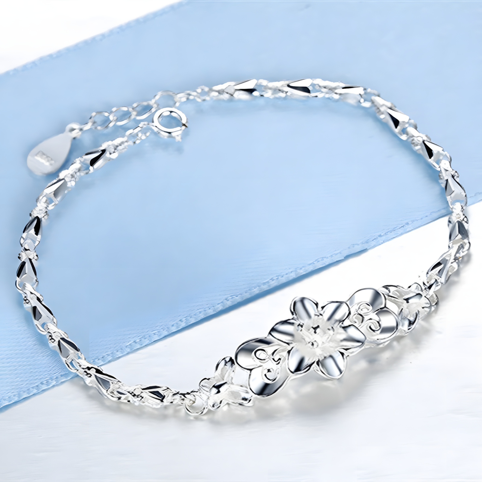 Silver Flower Bracelet Silver Plated Charm Floral Link Jewelry Gift   1821