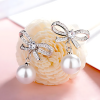 925 Sterling Silver Crystal Bow Pearl Drop Earings Dangle Earrings, Elegant 324