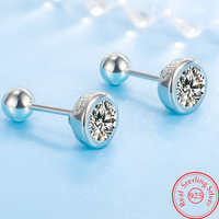 925 Silver-Plated Bezel Round Stud Earrings Clear Zircon Crystal Screw-Back 947