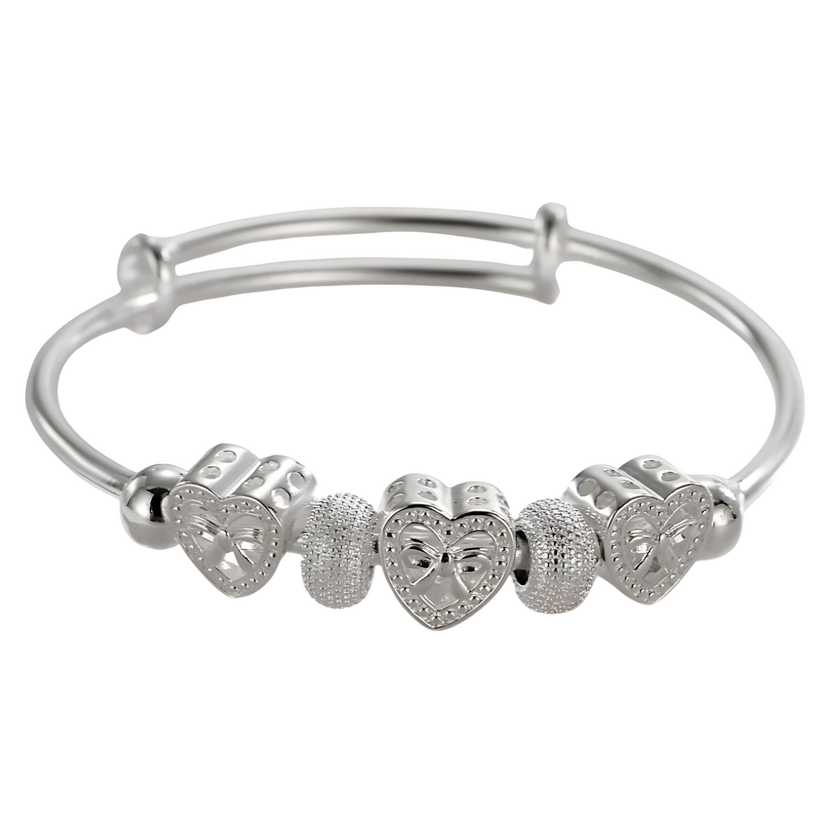 925 Sterling Silver Plated Heart Beads Adjustable Bangle Bracelet Cute Heart 434
