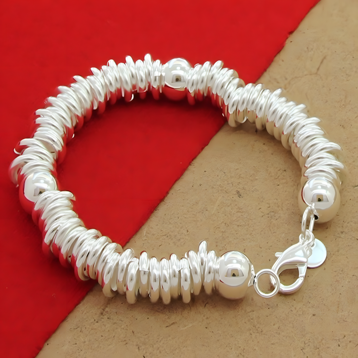 925 Sterling Silver Bell Bead Bracelet, Coiled Disc Strand Bracelet Lobster 1798