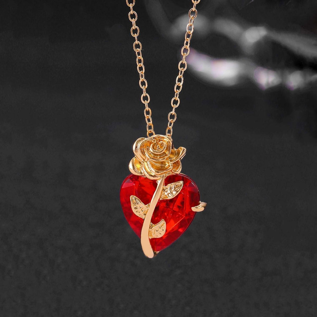 Heart-Rose Pendant Necklace - Faceted Heart Crystal Pendant Rose Accent 1318