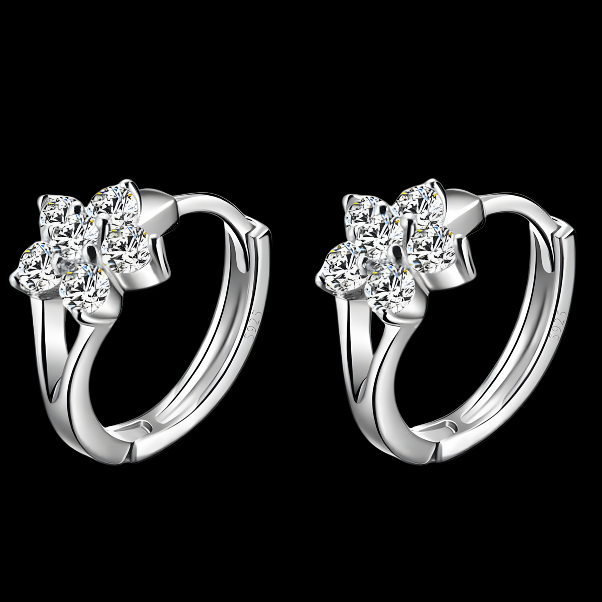 925 Silver-Plated Flower Design Hoop Earring Cubic Zirconia Sparkling Floral 968