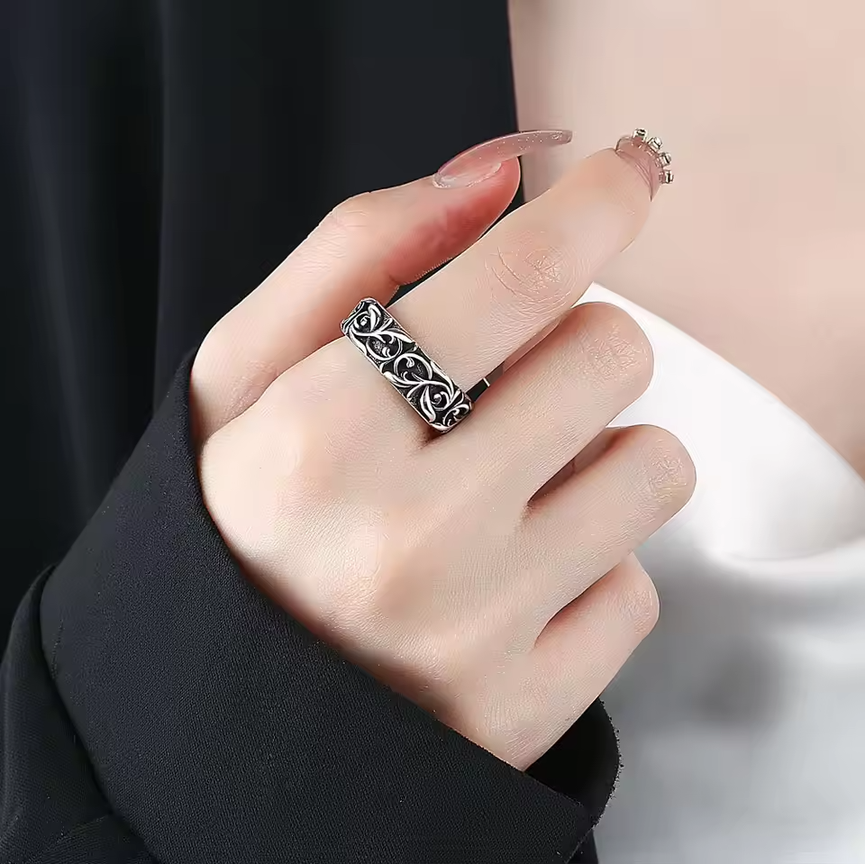 Retro Vine Band Ring For Women, Adjustable Open Ring, Silver Plated Zinc B328