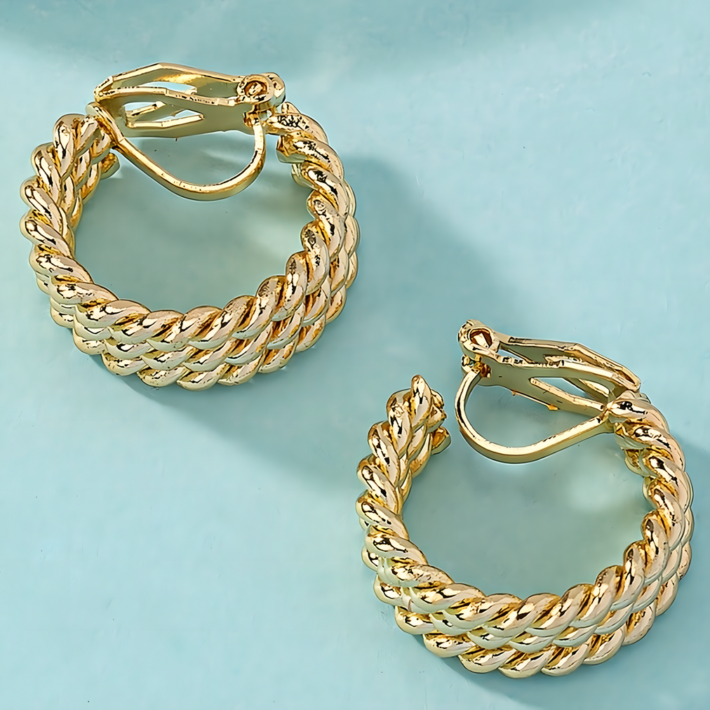 Chunky Twisted Rope Clip-On Earrings for Women - Non-Pierced C-Shaped Retro 641