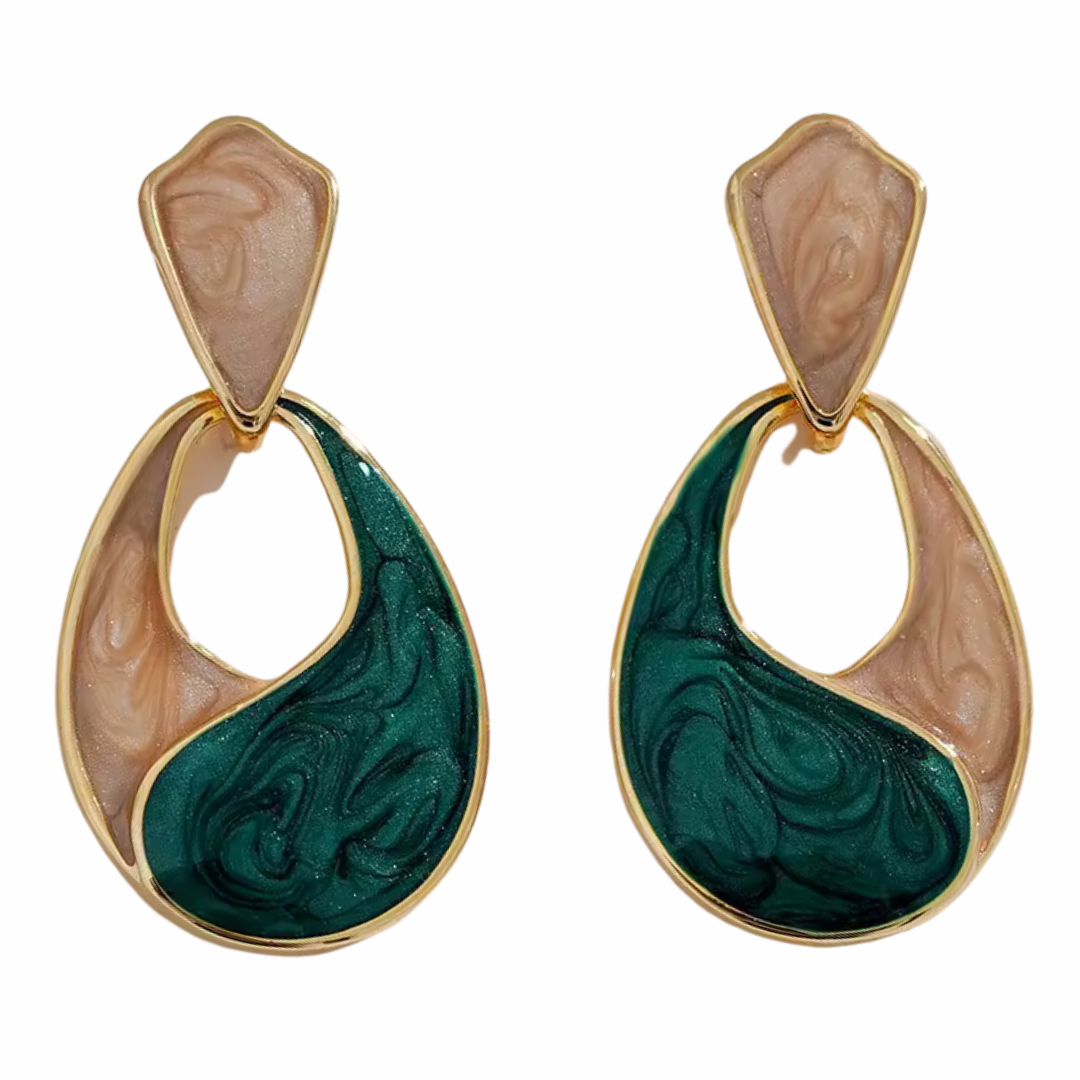 Waterdrop Statement Drop Earrings — Elegant Enamel Swirl Design, Gold Tone 1384