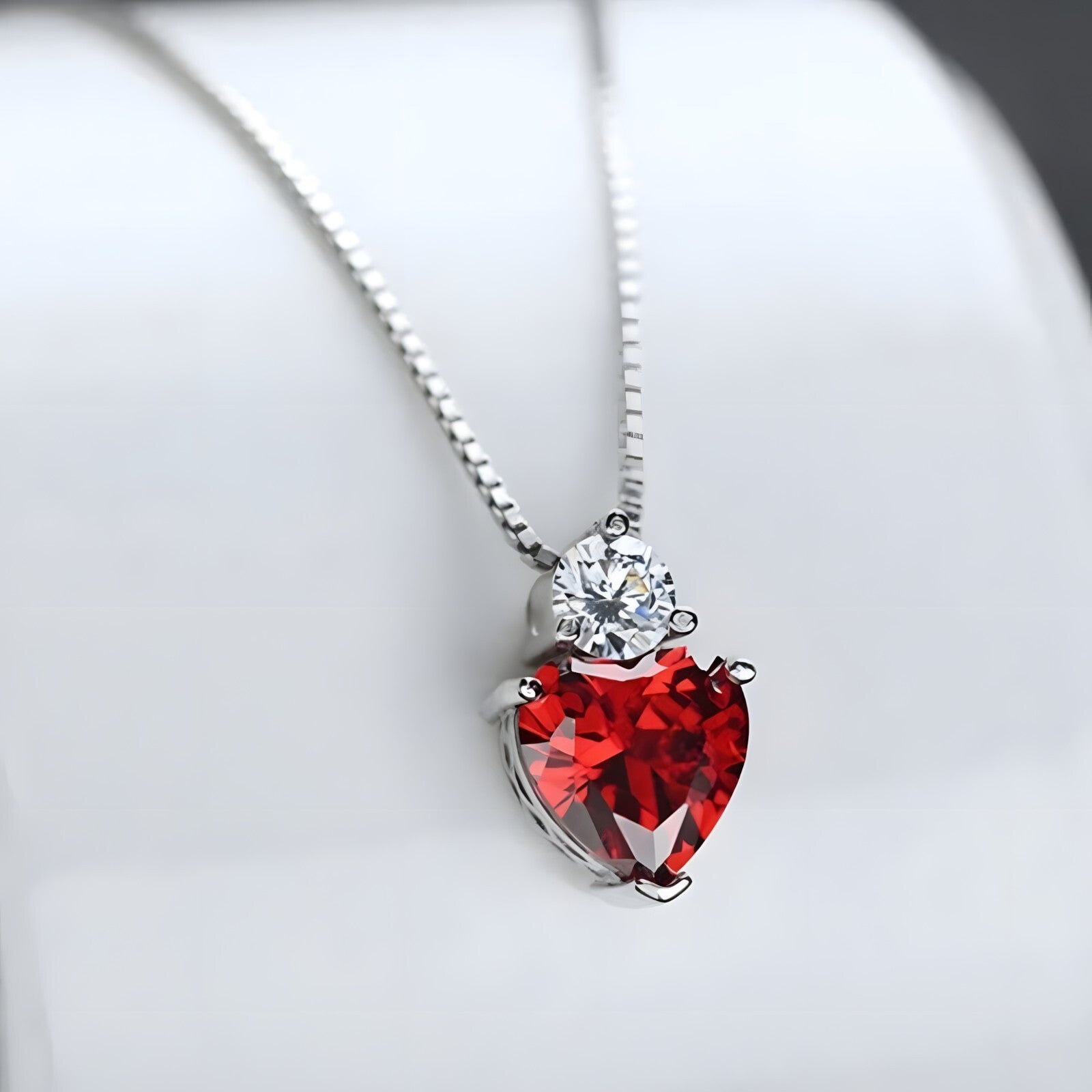 925 Sterling Silver Heart Pendant Necklace Red AAA Cubic Zirconia Box Chain 280