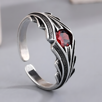 Red Stone Open Adjustable Ring For Women Silver Tone Wing Feather Leaf 1754