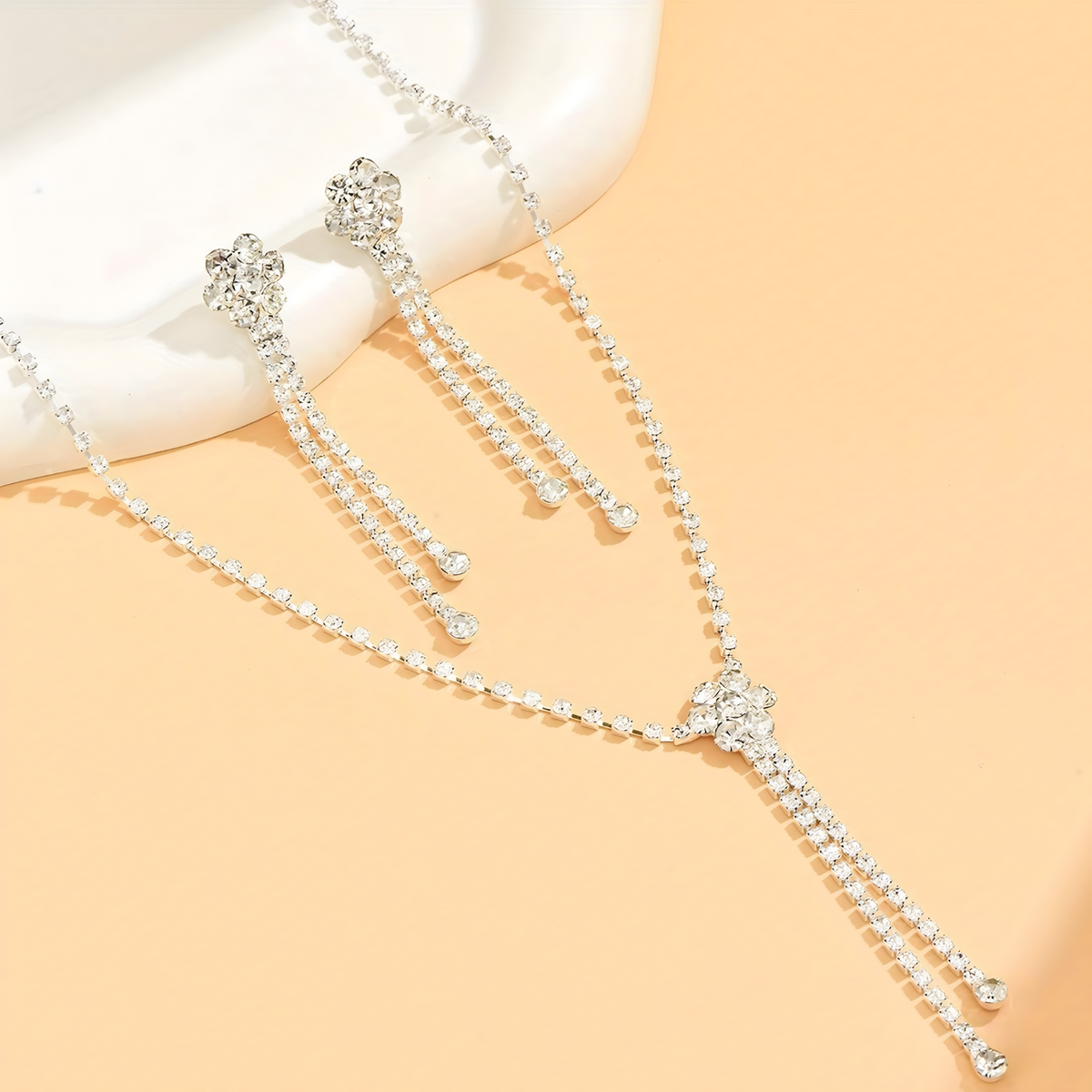Elegant Silver Rhinestone Tassel Necklace & Earrings Set for Women – Crystal 720