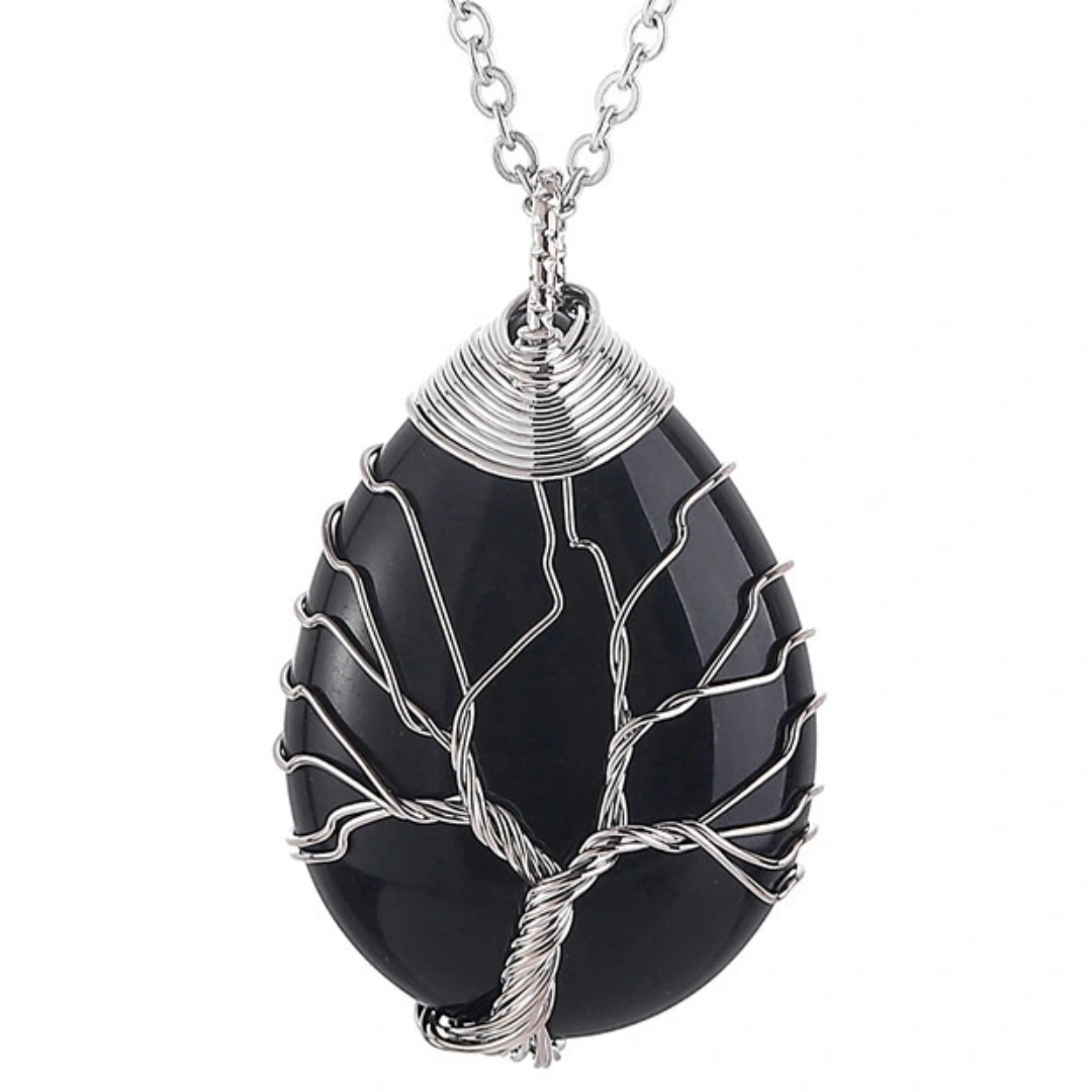 Black Agate Tree Of Life Pendant Necklace For Women Oval Gemstone Statement 1338