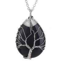 Black Agate Tree Of Life Pendant Necklace For Women Oval Gemstone Statement 1338