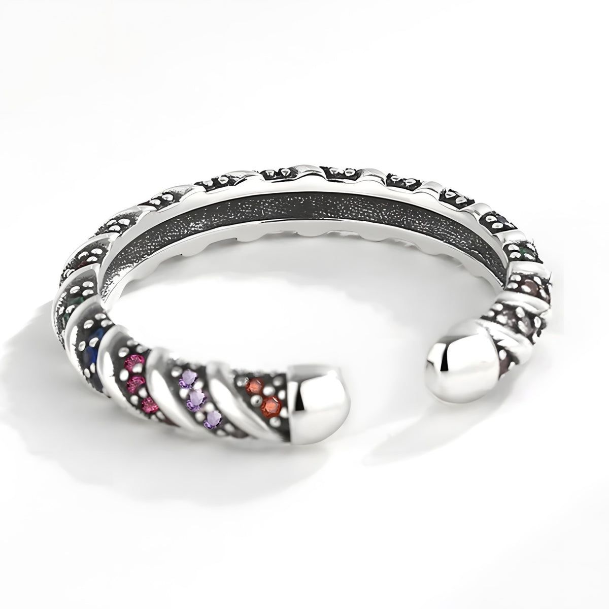 925 Sterling Silver Adjustable Ring, Colorful CZ Stone Ring, Twisted Rope 374